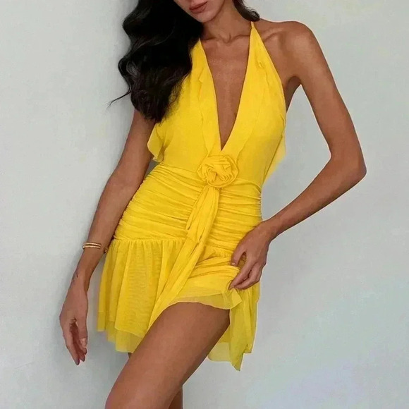 Yellow Sexy Women's Romantic Date Spaghetti Strap Deep V-Neck Bodycon Dress - Picture 7 of 7